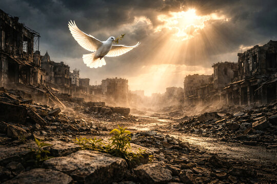 White Dove Flying Over War Ruins. Hope and Peace Concept, War, Generative ai