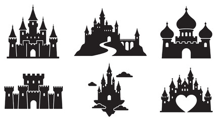 Collection of silhouette illustrations of various fairytale castles and fortresses, including a heart-shaped castle. © Riki