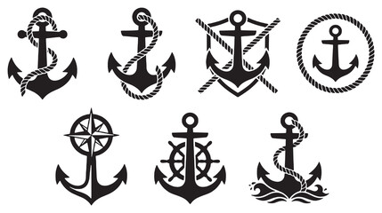 Collection of nautical anchor symbols and icons, representing maritime themes and seafaring adventures. © Riki