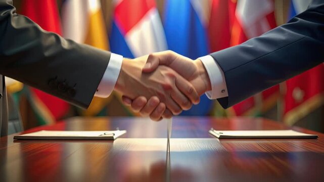Two business professionals shaking hands over a deal on a wooden table with international flags in the background