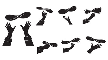 Set of stylized black and white illustrations depicting hands tossing and shaping pizza dough in various dynamic poses.