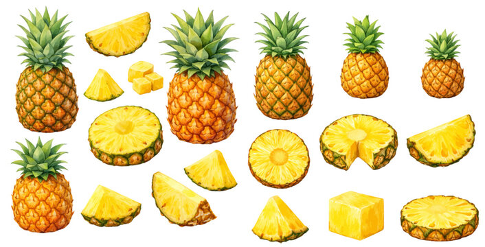 A charming watercolor collection of fresh pineapple fruits and pineapple slices for tropical food design and fruit illustrations.