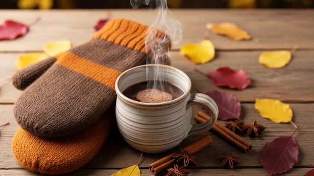 Cozy Autumn Scene with Hot Beverage and Gloves.