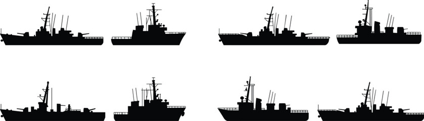 PrintBlack warship and naval vessel silhouette set featuring destroyers battleships and military cruiser ships for marine defense design © Mahabur