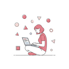 Woman working on laptop creative workspace digital nomad.