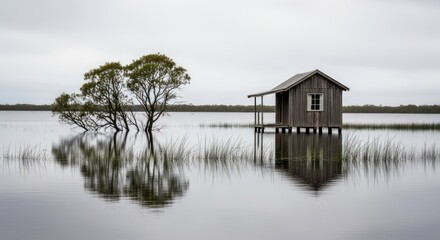 Obraz premium Serene Lake House Scene.