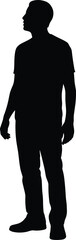 PrintFull body black silhouette of a standing man looking up and ahead isolated on a clean white background background