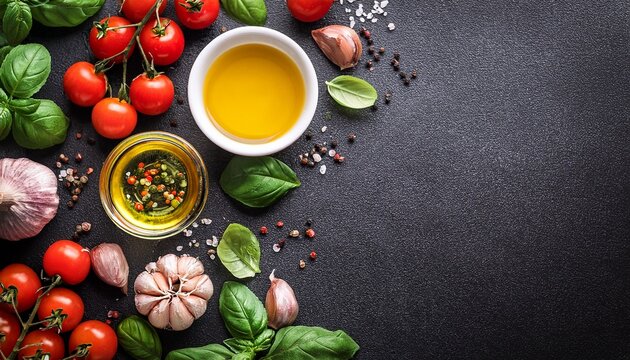 fresh ingredients for cooking italian food cherry tomatoes basil garlic olive oil spices on dark black stone table top view copy space