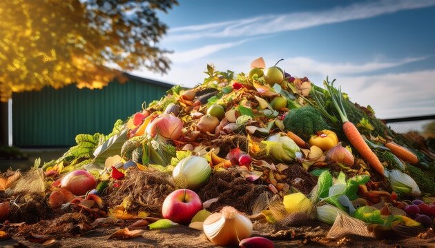 heap of organic waste at compost recycling station filled with fruits vegetables and leaves during daylight hours showcasing the process of organic recycling