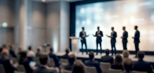 Fototapeta premium Fully blurred corporate press conference with executive silhouettes and audience.