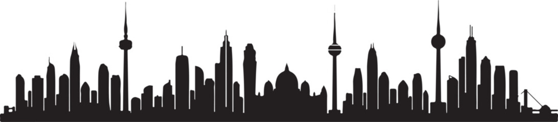 Obraz premium Black silhouette collection of five city skyline variations on a white background, minimal outline