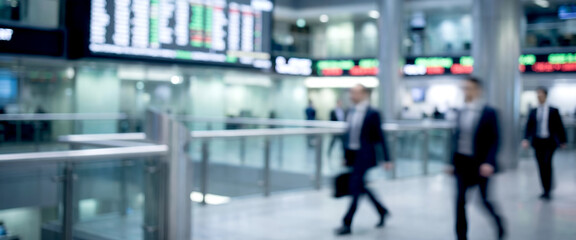 Fototapeta premium Fully blurred digital stock exchange interior with electronic board silhouettes.