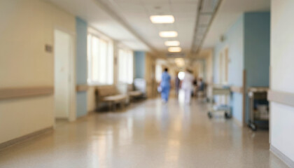 Obraz premium Fully blurred hospital corridor interior with soft bright lighting.