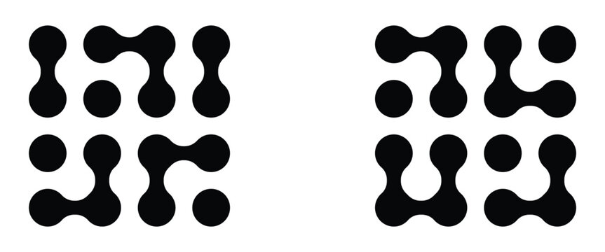 Set of connected black dots. Transition meta balls. Integration symbol. Square spotted graphic design elements, connected liquid molecule figures flat vector illustration set. Modern meta ball icons.