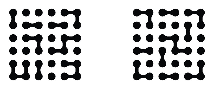 Set of connected black dots. Transition meta balls. Integration symbol. Square spotted graphic design elements, connected liquid molecule figures flat vector illustration set. Modern meta ball icons.
