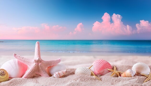 a light pink beach with seashells starfish and conch shells on the sand a light blue sky a