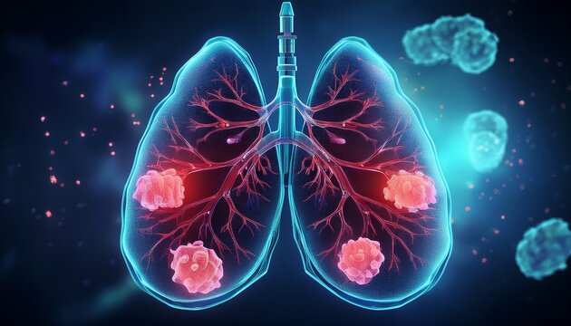 holographic concept of lung anatomy with cancerous cells highlighted in red demonstrating the impact of the disease on lung function with labels and descriptions appearing in 3d space
