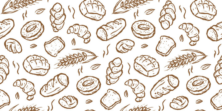 Bread hand drawn pattern. Bakery background doodle. Sketch style pastry illustration seamless pattern for packaging containing brioche, croissant, donut, pretzel, wheat, toast, baguette, loaf.