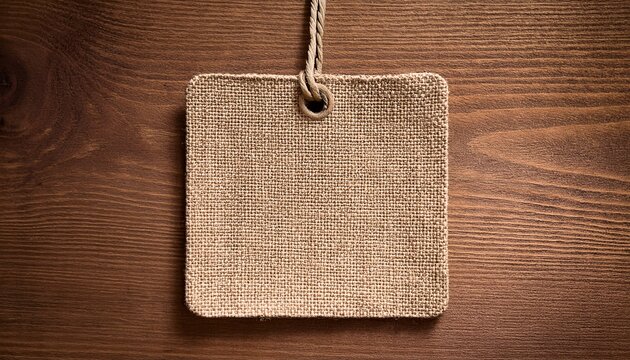 square woven fabric tag hanging by string on burlap background blank textile label mockup for rustic branding packaging pricing and handmade craft product design