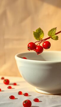 Scarlet berry droplets on cool ceramic, a vibrant punctuation against a neutral canvas,  food photography,  editorial