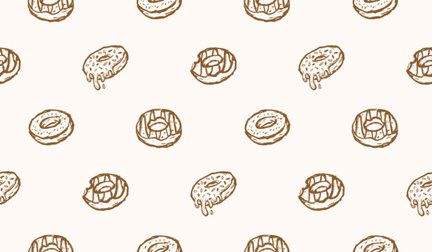 Donut hand drawn pattern. Doughnuts background doodle. Scribble of sweet snack illustration seamless pattern for packaging. Sketch style of donut with various topping. 