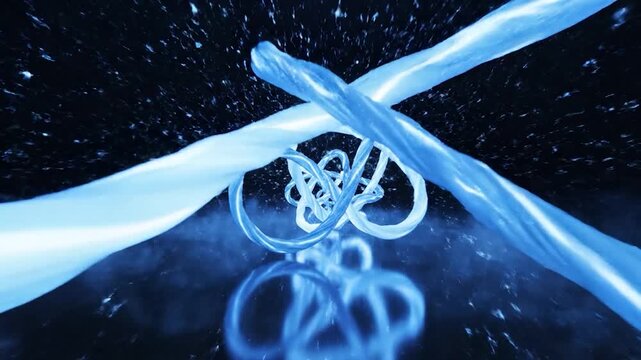 Abstract blue glowing ribbons intertwine and twist in a dark digital space.