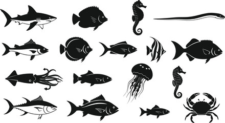 Marine animal silhouette vector illustration, diverse ocean species including fish, shark, squid, jellyfish, crab, eel, seahorses for design, art © MSTIRIN