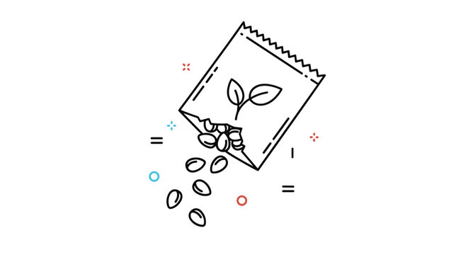 Simple line art illustration of a seed packet with leaves on it and several seeds falling out on a white background.