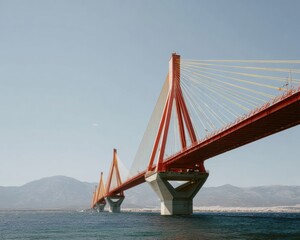 Obraz premium Long suspension bridge over sea with red and gold towers, providing modern transportation infrastructure connectivity across a gulf for logistics and travel branding