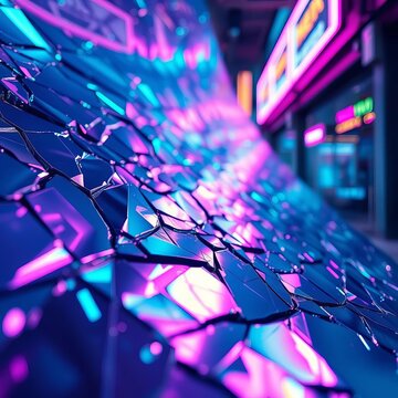 Gleaming metallic surface fractured by electric currents, bathed in holographic amethyst and cyan glow, tilted for a disorienting urban pulse,  digital glitch,  fractured