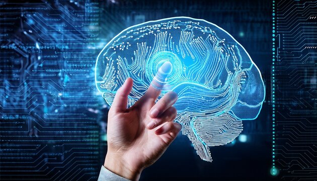 artificial intelligence and medical science concept hand touching digital brain hologram on modern computer screen with data and code background