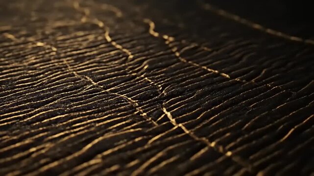A close-up view of a dark textured surface with golden lines, creating a pattern of intersecting paths and cracks.