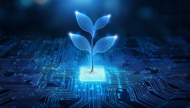 digital plant and glowing network data connection smart agriculture and futuristic technology blue illuminated seedling with electric roots growing from a circuit board grid