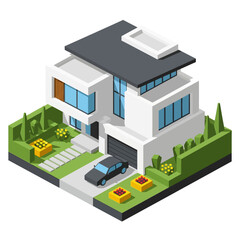 Fototapeta premium Modern two-story house with garage and landscaped garden.