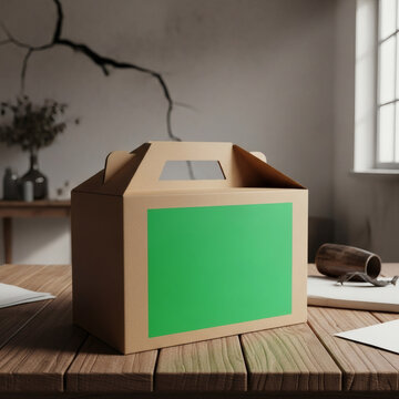 Kraft gable box with green label on rustic wooden table in moody minimal interior with bare branch wall art and soft window light.