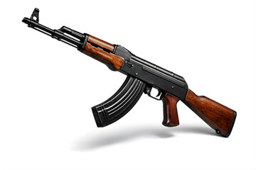 45-Degree Angled Studio Photo of AK-47 Assault Rifle Isolated on White Background Commercial Stock Photography