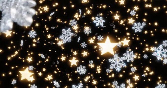 A mesmerizing display of shimmering snowflakes and twinkling stars against a dark background