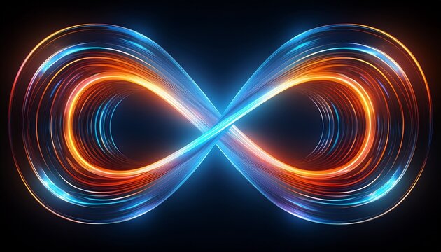 abstract luminous infinity loop shape with vibrant neon blue and orange glowing light trails against a dark background