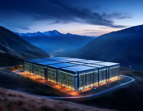 hyperscale data center glowing softly in remote valley surrounded by rolling blue mountains under moody sky at dusk