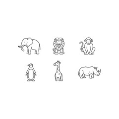 A group of animals including an elephant, lion, monkey, penguin, giraffe, and rhino © Juba