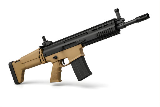 FN SCAR Rifle Dynamic 3/4 Angle Studio Shot Isolated on White Background E-Commerce Photography