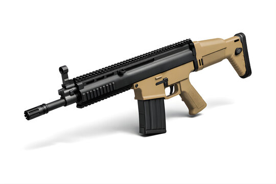 FN SCAR Rifle Dynamic 3/4 Angle Studio Shot Isolated on White Background E-Commerce Photography