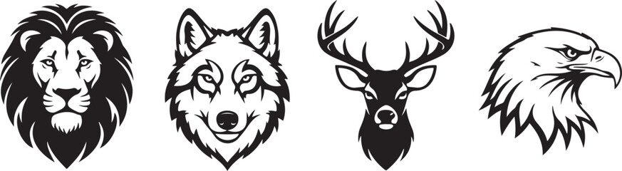 Fototapeta premium Black silhouette set of four wild animal head logos on a white background, minimal outline