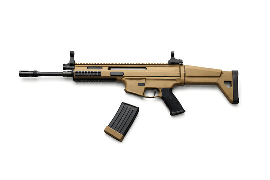 FN SCAR Rifle with Detachable Magazine Beside It Isolated on White Background Commercial Product Shot