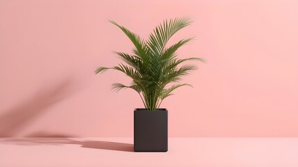 Obraz premium Minimal Tropical Palm Houseplant In Black Planter Isolated On Soft Pink Background Modern Interior Decor Concept