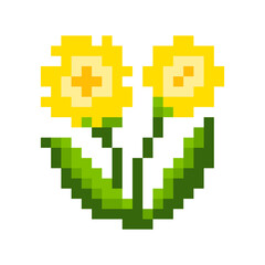 Obraz premium Yellow Minimalist Pixel Art Flower, Plant And Bloom Icon. Flat Game Sprite.
