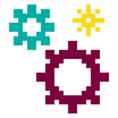 Obraz premium Yellow, Purple And Turquoise Pixel Art Business Gears Icon For UI And Game Design. Flat Retro 8-bit Office And Finance Icons And Sprites.