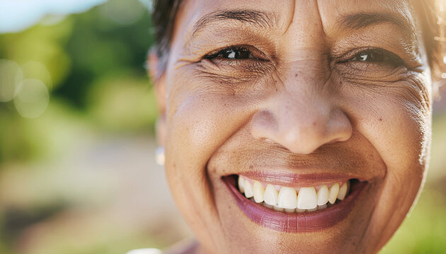 Close up portrait of a smiling woman outdoors in soft natural light