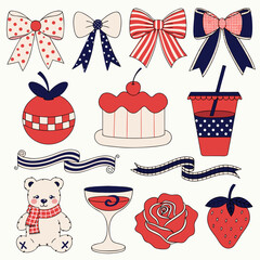 Set of hand drawn coquette elements for Valentines day, wedding invitation, birthday card. Cute girly bows, ribbons, cherry, cake, toy bear, cocktail, rose, strawberry. Vintage vector illustration. 
