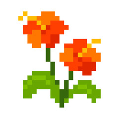 Fototapeta premium Red, Yellow And Green Minimalist Pixel Art Flower, Plant And Bloom Icon. Flat Game Sprite.